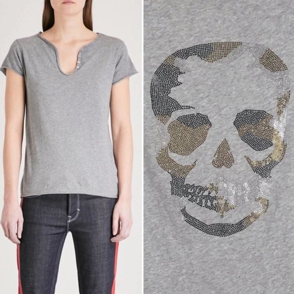 ZADIG & VOLTAIRE Shirt Womens Medium Gray Tunisien MC Skull Camo Strass Tee - Picture 1 of 10